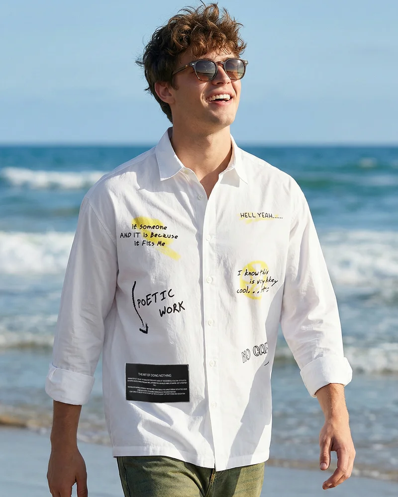بيواكوف Men's Bright White Typography Oversized Shirt